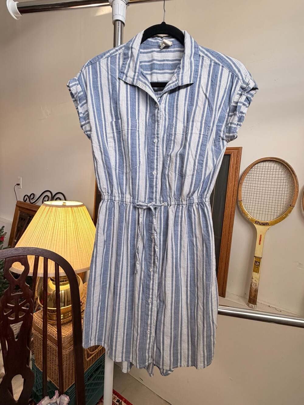 Japna Coastal Blue Striped Cotton Shirt Dress Drawstring Waist Nantucket Maine